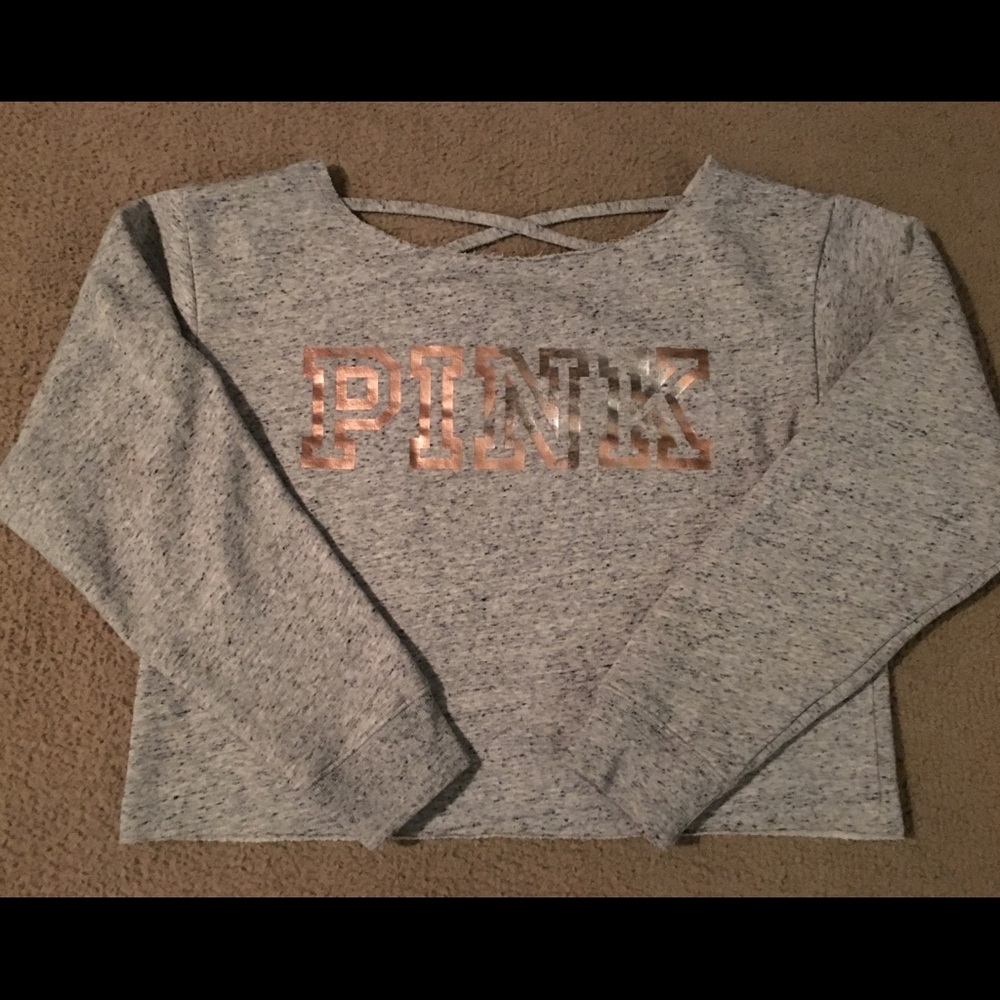 PINK Heather Gray Crossback Crewneck
